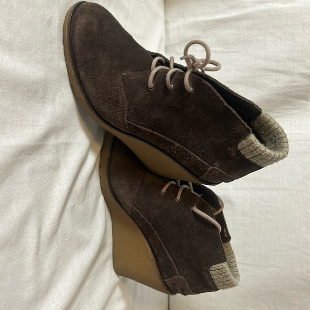Size 6 brown suede Lacoste booties 3 inch wedge heel